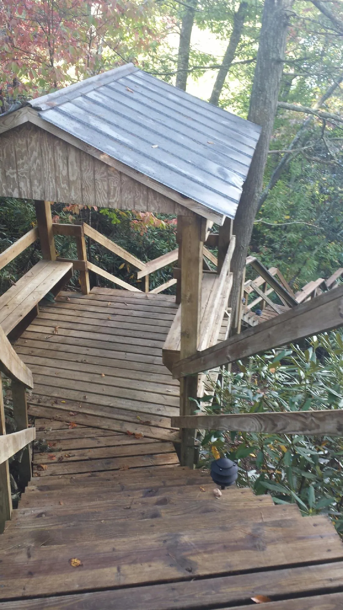 Metal roofed shelter over wooden steps on a wooded walkway — Skylight Repair & Installation work by our crew in Riceville